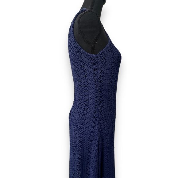 QUINN Navy Blue Crochet Knit Sleeveless Midi Dress with Lining Size Medium NWT - Picture 4 of 13